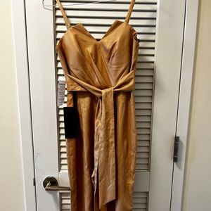 Bebe jumpsuit . Shiny material. Champagne color . Never worn .